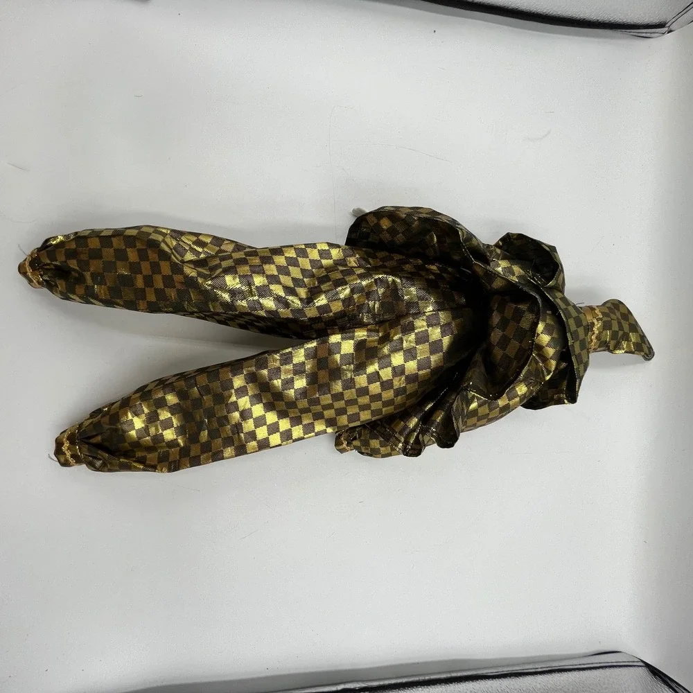 Vintage Porcelain Harlequin Clown‎ Doll Gold Black Checkered Jester 19.5 Inch